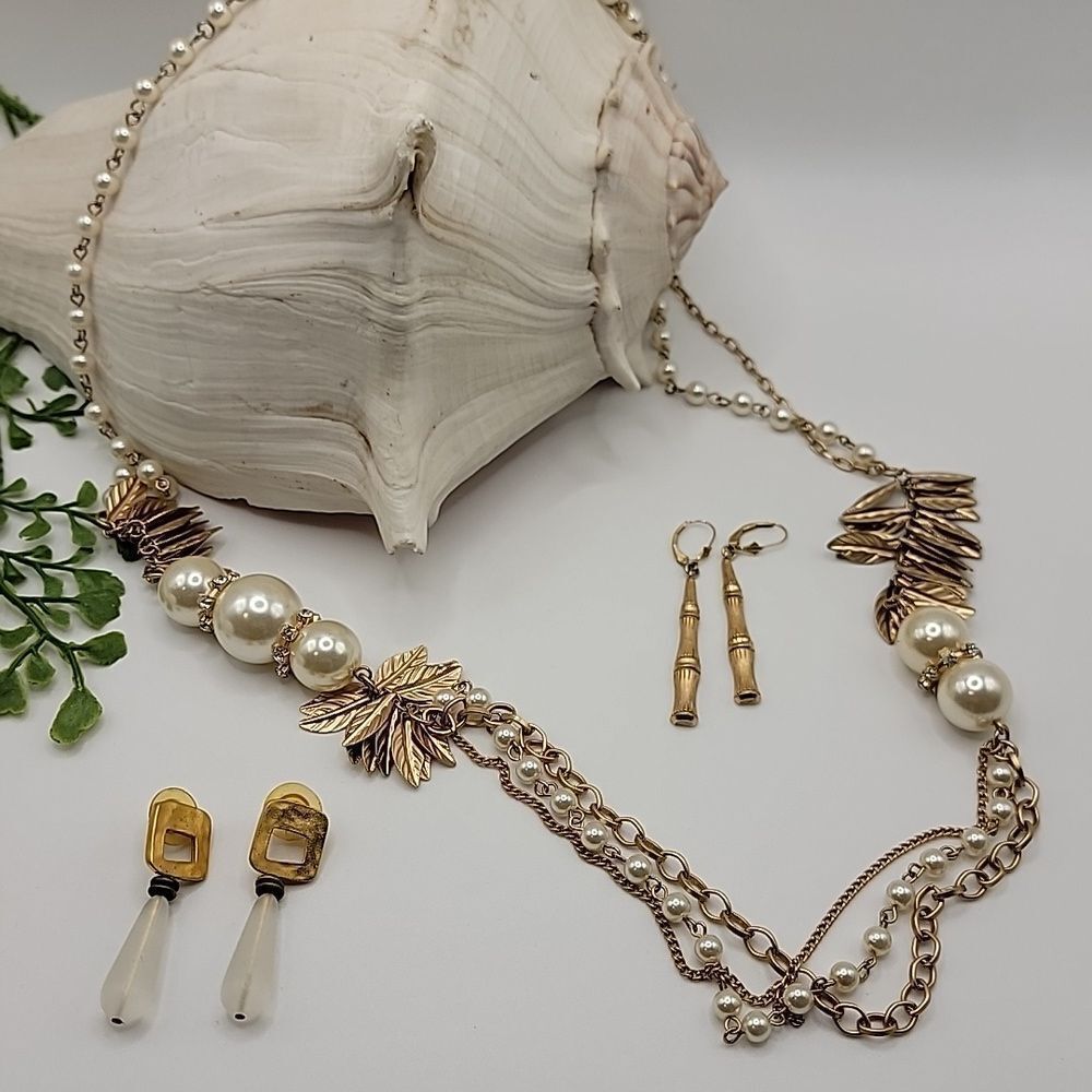 Vintage Gold and Pearl Leaf Necklace Bundle With Two Pair of Earrings